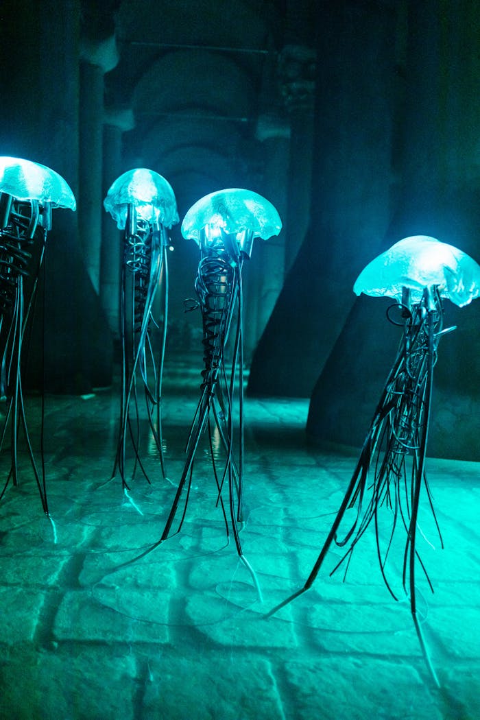 Mystical jellyfish-inspired lamps illuminate a dark, arching hallway.
